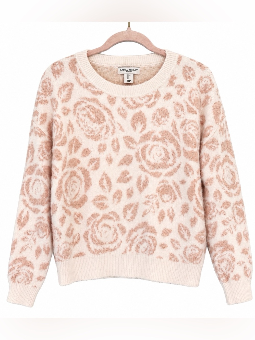 Laura Ashley Blurred Floral Jacquard Sweater L Rose Gold Pink Metallic